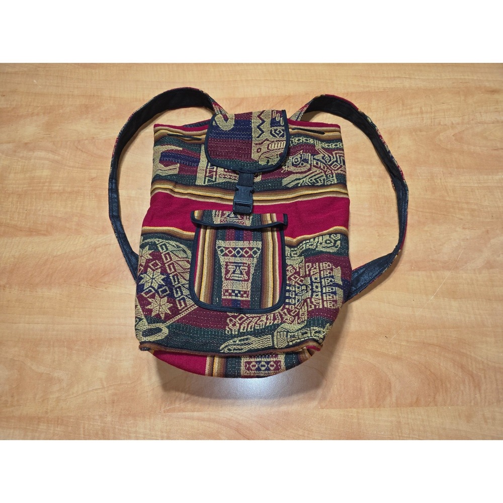 Vintage Andean Woven Tapestry Backpack Burgundy Geometric Tribal‎ Boho Daypack